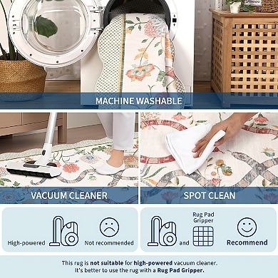 Scalloped Machine Washable Rug Non-Slip Floral Floor Mats Non-Shedding Low Pile Carpet