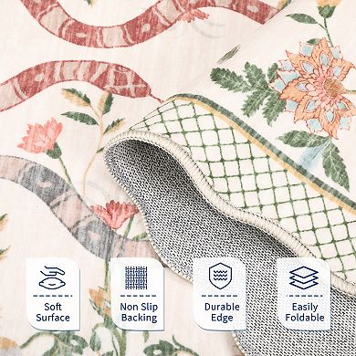 Scalloped Machine Washable Rug Non-Slip Floral Floor Mats Non-Shedding Low Pile Carpet