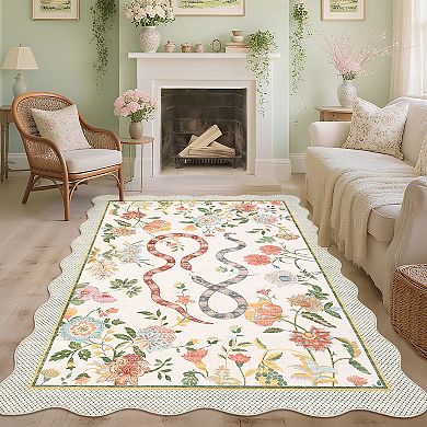 Scalloped Machine Washable Rug Non-Slip Floral Floor Mats Non-Shedding Low Pile Carpet