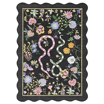 Scalloped Machine Washable Rug Non-Slip Floral Floor Mats Non-Shedding Low Pile Carpet