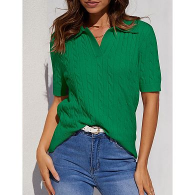 Womens Short Pullover Shirt Sleeve Casual Sweaters Tops V Neck Lapel Cable Knit Sweater Summer