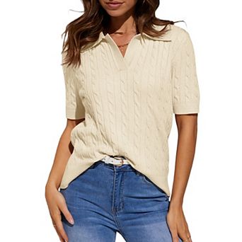 Womens Short Pullover Shirt Sleeve Casual Sweaters Tops V Neck Lapel Cable Knit Sweater Summer