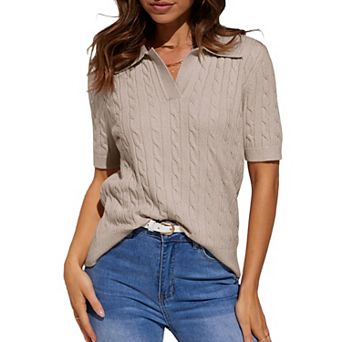 Womens Short Pullover Shirt Sleeve Casual Sweaters Tops V Neck Lapel Cable Knit Sweater Summer
