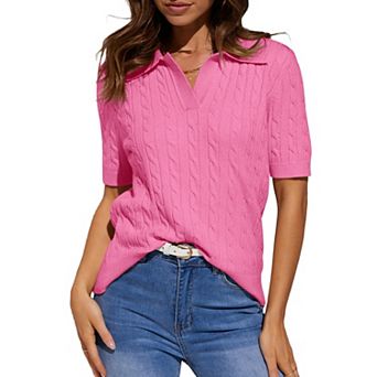 Womens Short Pullover Shirt Sleeve Casual Sweaters Tops V Neck Lapel Cable Knit Sweater Summer