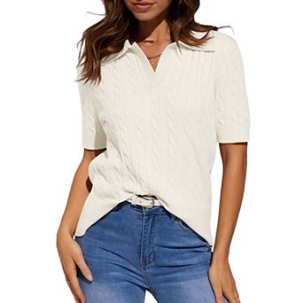 Womens Short Pullover Shirt Sleeve Casual Sweaters Tops V Neck Lapel Cable Knit Sweater Summer