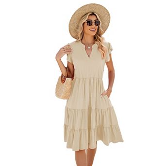 Womens Midi Dress V-Neck Short Sleeve Ruffle Sundress Casual Beach Summer Dress