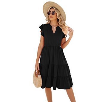Womens Midi Dress V-Neck Short Sleeve Ruffle Sundress Casual Beach Summer Dress