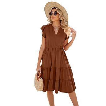 Womens Midi Dress V-Neck Short Sleeve Ruffle Sundress Casual Beach Summer Dress