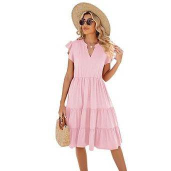 Womens Midi Dress V-Neck Short Sleeve Ruffle Sundress Casual Beach Summer Dress