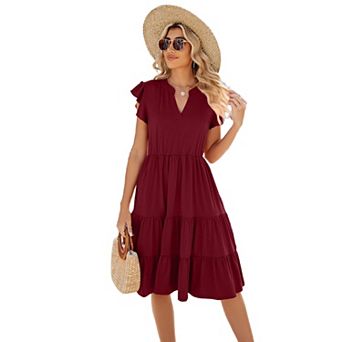 Womens Midi Dress V-Neck Short Sleeve Ruffle Sundress Casual Beach Summer Dress