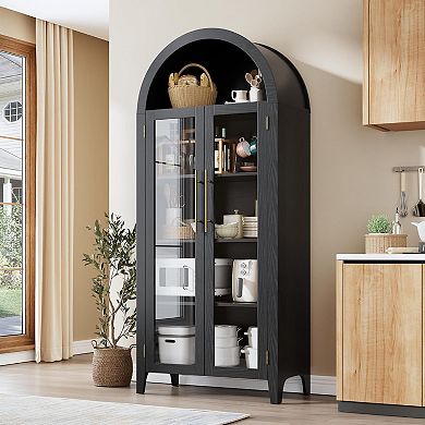 Arched Kitchen Pantry Cabinet,Farmhouse 5 Tier Display Shelf with Adjustable Shelf&Large Glass Doors