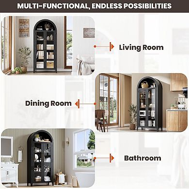 Arched Kitchen Pantry Cabinet,Farmhouse 5 Tier Display Shelf with Adjustable Shelf&Large Glass Doors