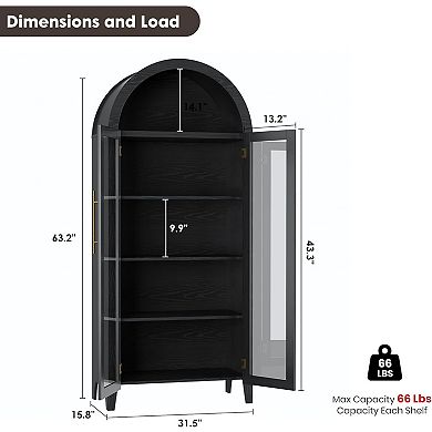 Arched Kitchen Pantry Cabinet,Farmhouse 5 Tier Display Shelf with Adjustable Shelf&Large Glass Doors