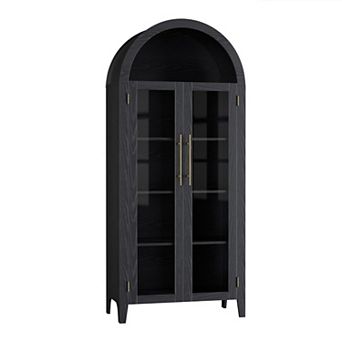 Arched Kitchen Pantry Cabinet,Farmhouse 5 tier Display Shelf with Adjustable Shelf&Large Glass Doors