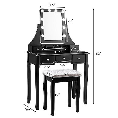 Costway Vanity Dressing Table Set w/ 10 Dimmable Bulbs Touch Switch Cushion Stool