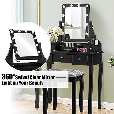Costway Vanity Dressing Table Set w/ 10 Dimmable Bulbs Touch Switch Cushion Stool