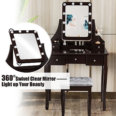 Costway Vanity Dressing Table Set w/ 10 Dimmable Bulbs Touch Switch Cushion Stool