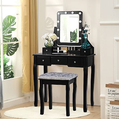 Costway Vanity Dressing Table Set w/ 10 Dimmable Bulbs Touch Switch Cushion Stool