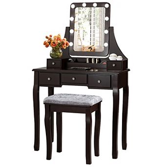 Costway Vanity Dressing Table Set w/ 10 Dimmable Bulbs Touch Switch Cushion Stool