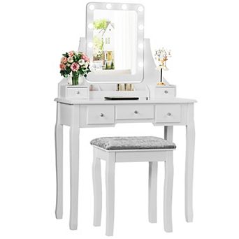 Costway Vanity Dressing Table Set w/ 10 Dimmable Bulbs Touch Switch Cushion Stool