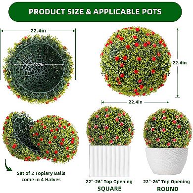 Artificial Plant Topiary Ball Set, Decorative Artificial Boxwood Balls with Flowers, Faux Greenery
