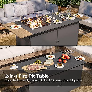Fire Pit Table 64 Inch with Lid, 55, 000 BTU Gas Fire Pits for Outside Patio with Glass Wind Guard
