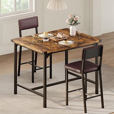 Dining Table Set for 2 W/Footrest & Backrest, Counter Height Table with 2 Upholstered Bar Chairs