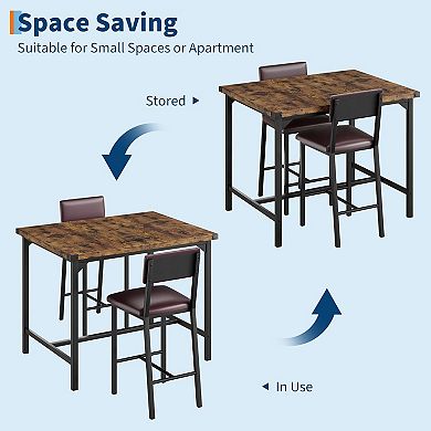 Dining Table Set for 2 W/Footrest & Backrest, Counter Height Table with 2 Upholstered Bar Chairs