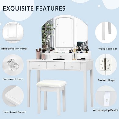 Costway Vanity Table Stool Set Large Tri-folding Lighted Mirror 6 Drawer Dresser
