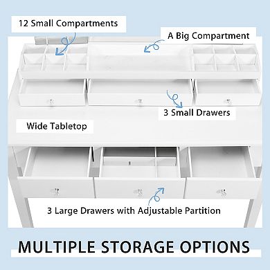 Costway Vanity Table Stool Set Large Tri-folding Lighted Mirror 6 Drawer Dresser