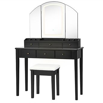 Costway Vanity Table Stool Set Large Tri-folding Lighted Mirror 6 Drawer Dresser