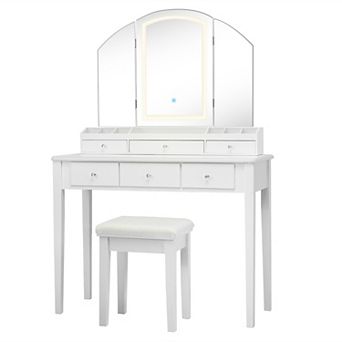 Costway Vanity Table Stool Set Large Tri-folding Lighted Mirror 6 Drawer Dresser