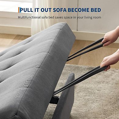 3 in 1 Convertible Sleeper Sofa Bed, Corduroy Futon Couches with Pull-Out Bed, Adjustable Backrest