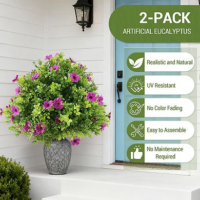 Artificial Boxwood Ball Topiary Trees with Flowers Set of 2, Fake Outdoor Shrubs with Ground Spikes