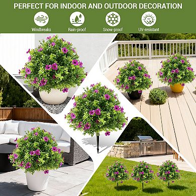 Artificial Boxwood Ball Topiary Trees with Flowers Set of 2, Fake Outdoor Shrubs with Ground Spikes