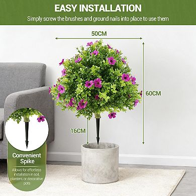 Artificial Boxwood Ball Topiary Trees with Flowers Set of 2, Fake Outdoor Shrubs with Ground Spikes