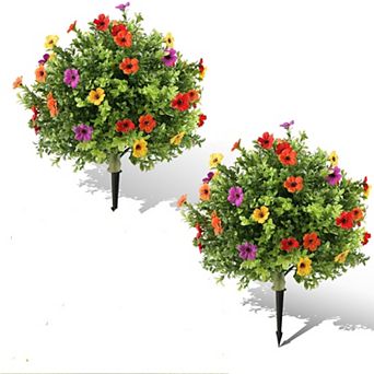 Artificial Boxwood Ball Topiary Trees with Flowers Set of 2, Fake Outdoor Shrubs with Ground Spikes