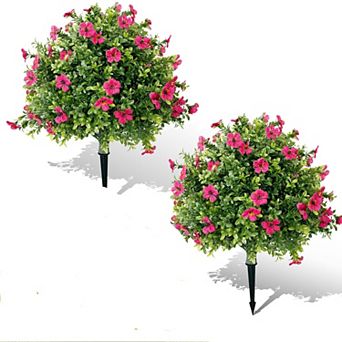 Artificial Boxwood Ball Topiary Trees with Flowers Set of 2, Fake Outdoor Shrubs with Ground Spikes
