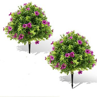 Artificial Boxwood Ball Topiary Trees with Flowers Set of 2, Fake Outdoor Shrubs with Ground Spikes