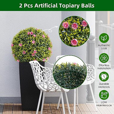 Artificial Plant Topiary Ball Set, Decorative Artificial Boxwood Balls with Flowers, Faux Greenery
