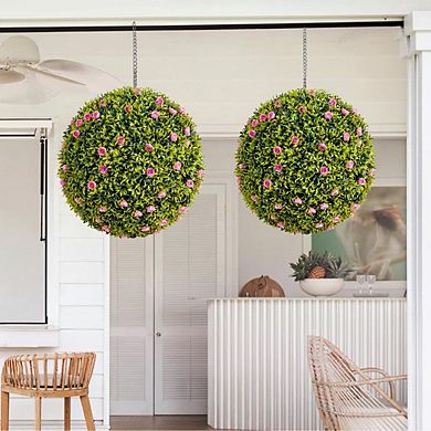Artificial Plant Topiary Ball Set, Decorative Artificial Boxwood Balls with Flowers, Faux Greenery