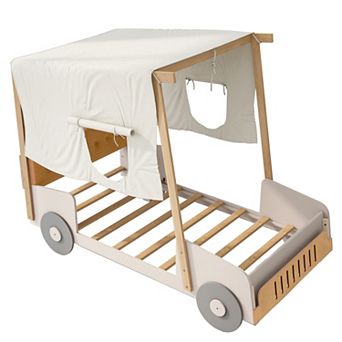 Whisen Wooden Car Bed with Pillow, Ceiling Cloth and LED