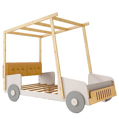 Whisen Wooden Car Bed with Pillow, Ceiling Cloth and LED