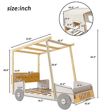 Whisen Wooden Car Bed with Pillow, Ceiling Cloth and LED