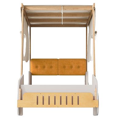 Whisen Wooden Car Bed with Pillow, Ceiling Cloth and LED