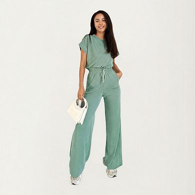 Women's 2-Piece Set Short Sleeve Relaxed Fit Top and Wide Leg Pants with Soft Stretch Fabric