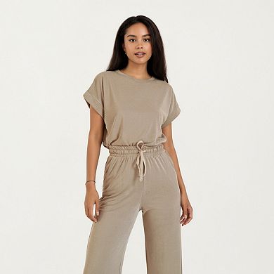 Women's 2-Piece Set Short Sleeve Relaxed Fit Top and Wide Leg Pants with Soft Stretch Fabric