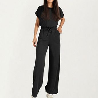 Women's 2 pc Set Short Sleeve Relaxed Fit Top and Wide Leg Pants with Soft Stretch Fabric