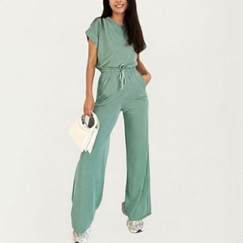 Women's 2 pc Set Short Sleeve Relaxed Fit Top and Wide Leg Pants with Soft Stretch Fabric
