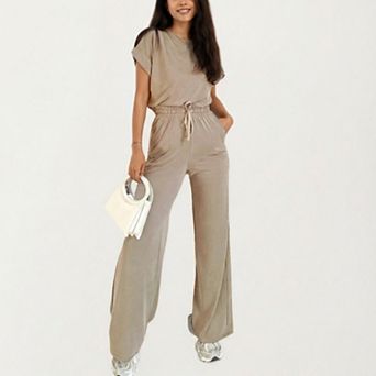 Women's 2 pc Set Short Sleeve Relaxed Fit Top and Wide Leg Pants with Soft Stretch Fabric